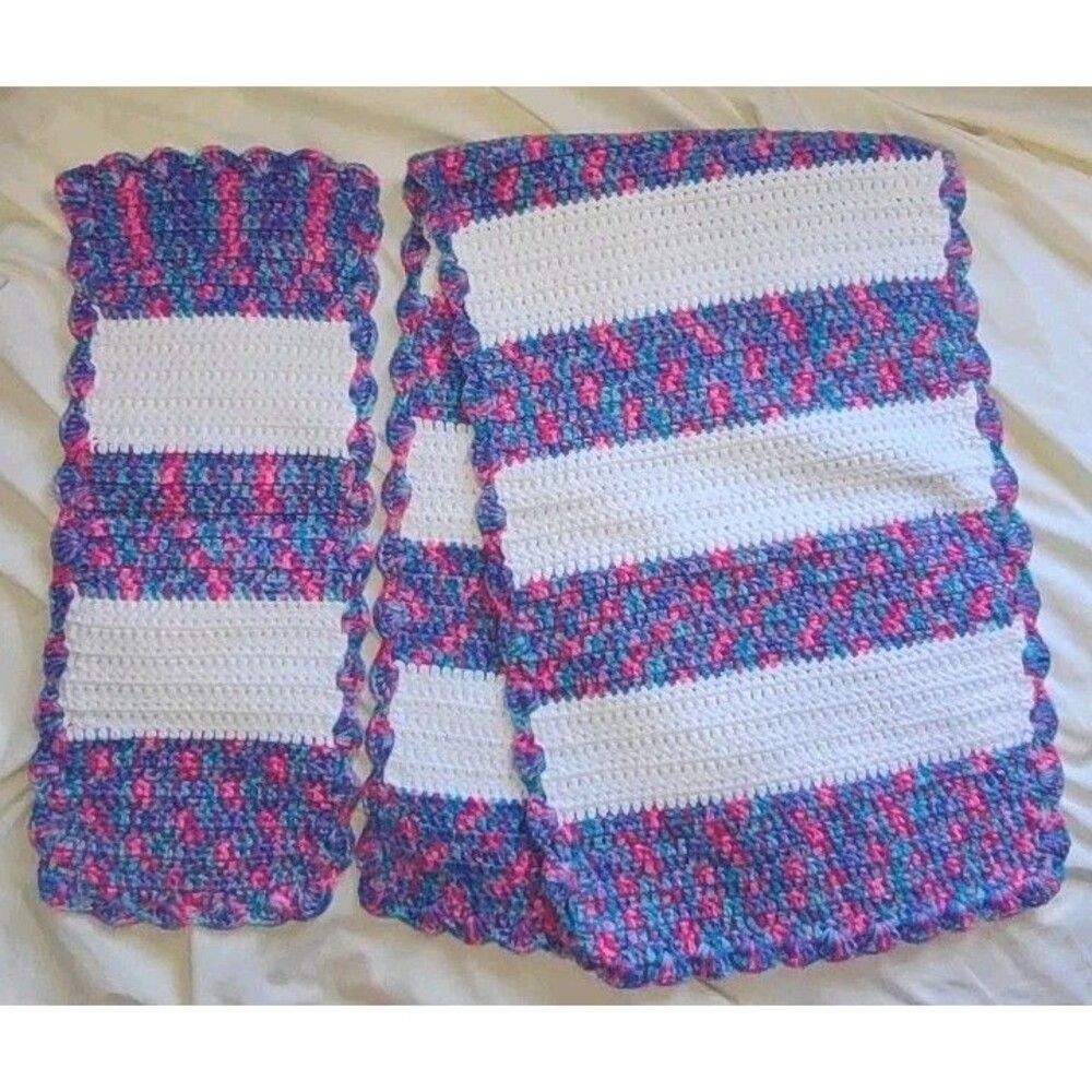 (2) Vintage Hand Crocheted Table Runners Scarves Variegated Purple Blue Pink